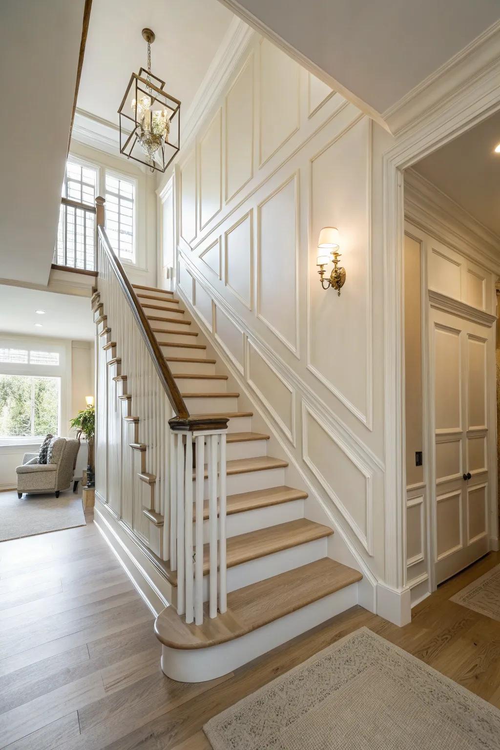 Light colors and minimal decor create an open and airy staircase.