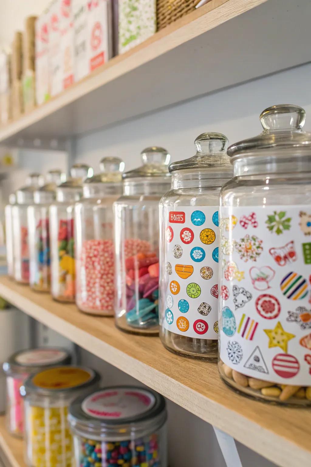 For an unconventional touch, display stickers in glass jars.