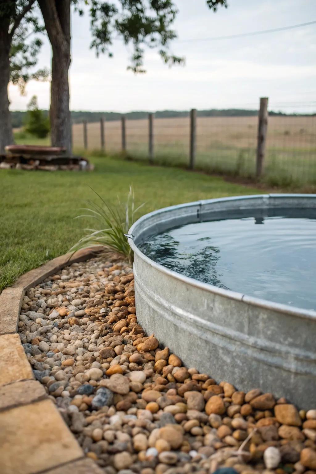 Gravel sustains the water trough pool location tidy and splatter-free.