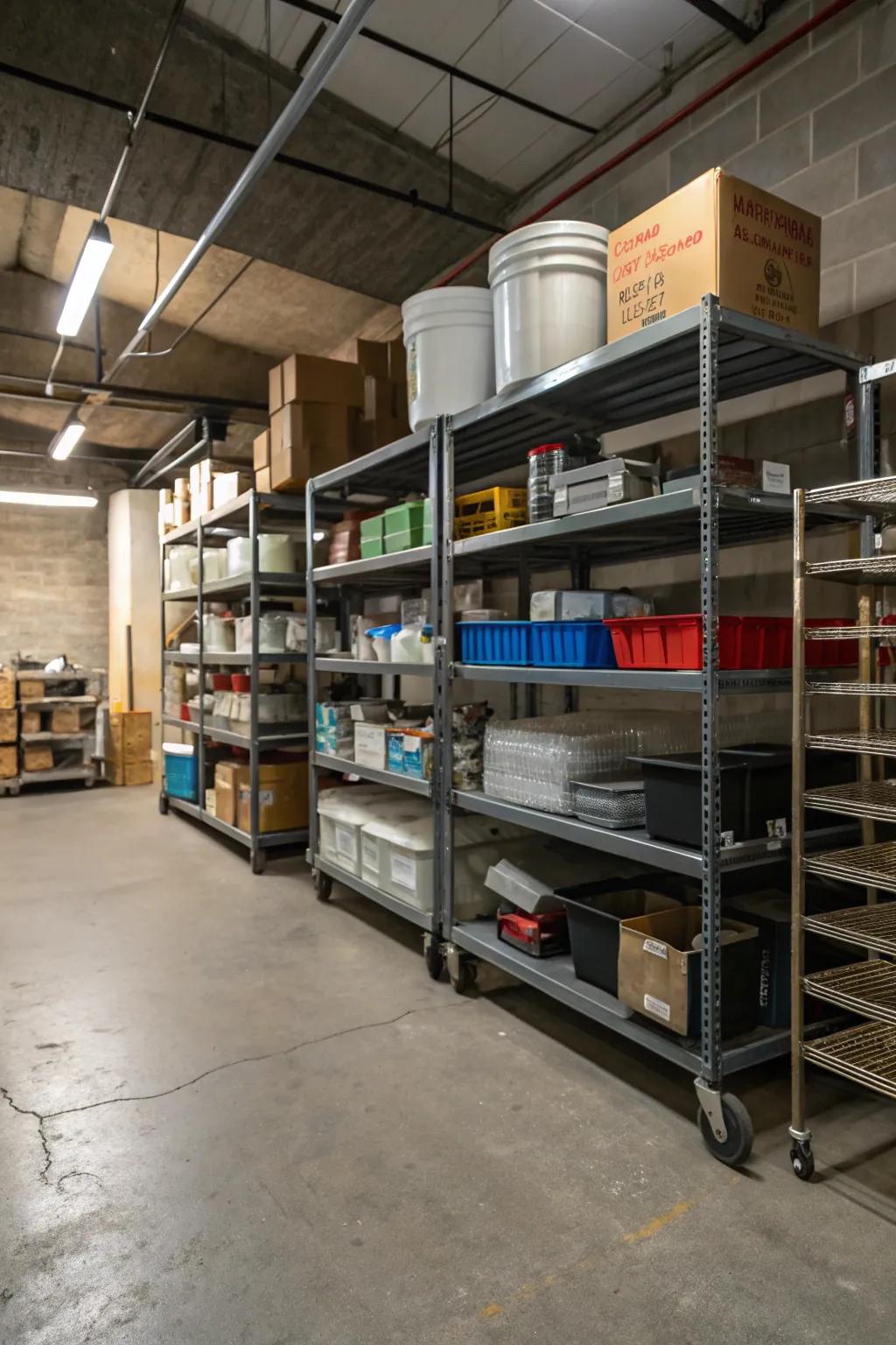 Flexible storage solutions are offered by shelves on wheels.