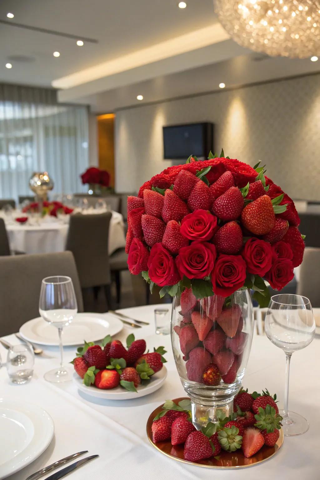 An enthralling strawberry 'rose' centerpiece bound to capture attention.