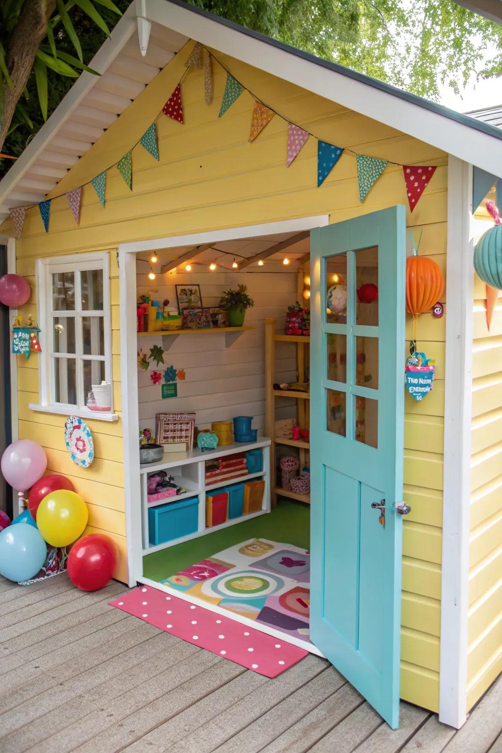 A delightful kids' playhouse inside a studio shed.