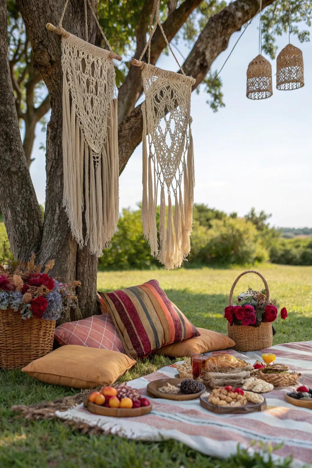 A free-spirited inspired picnic setting with a relaxed and artistic flair