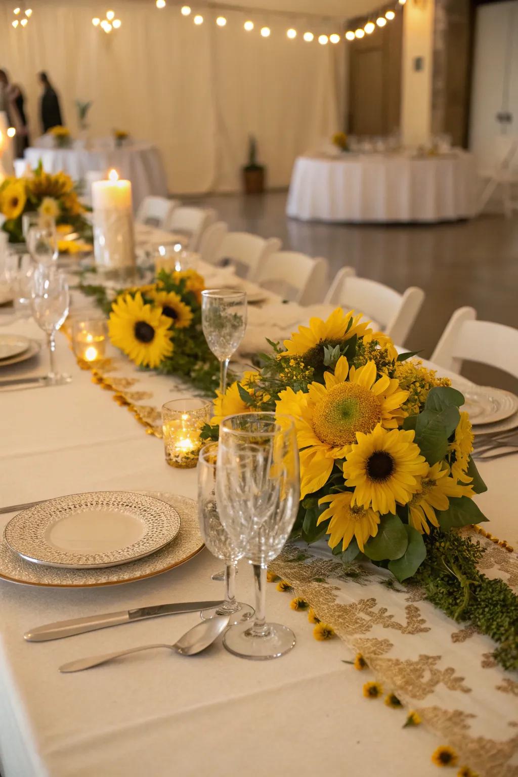 An exquisitely arranged table with sunshine bloom-embellished paths.