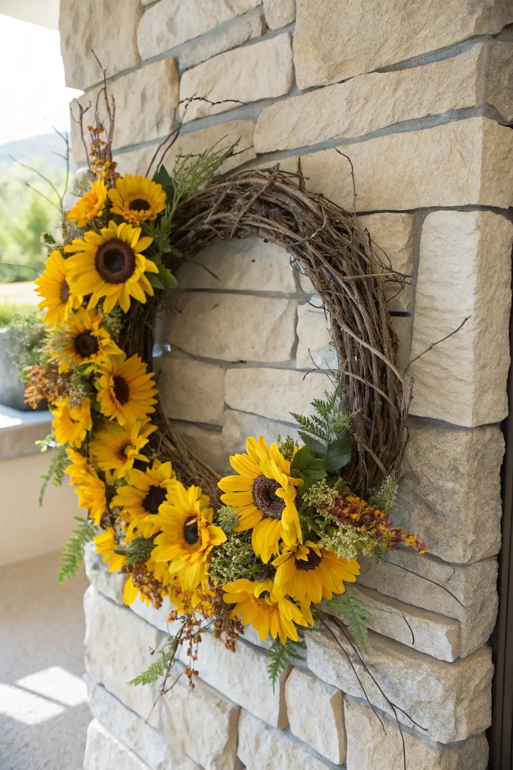 Embrace nature with a sprig-woven sunflower wreath.