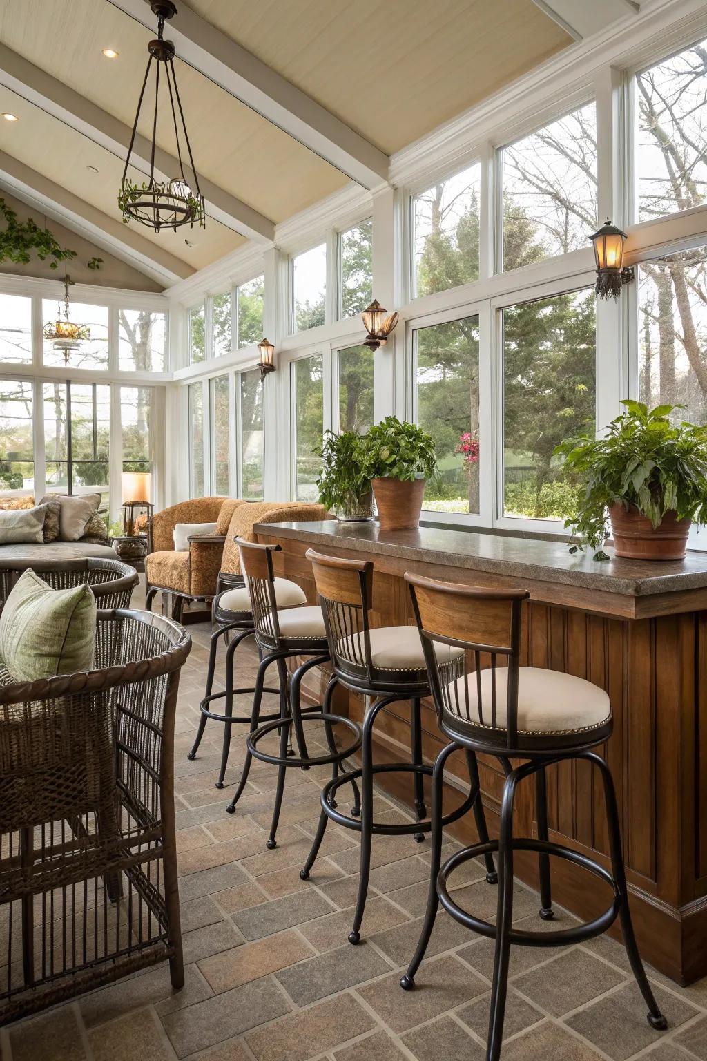 Adaptable high chairs enhance both style and comfort in your sunroom bar.