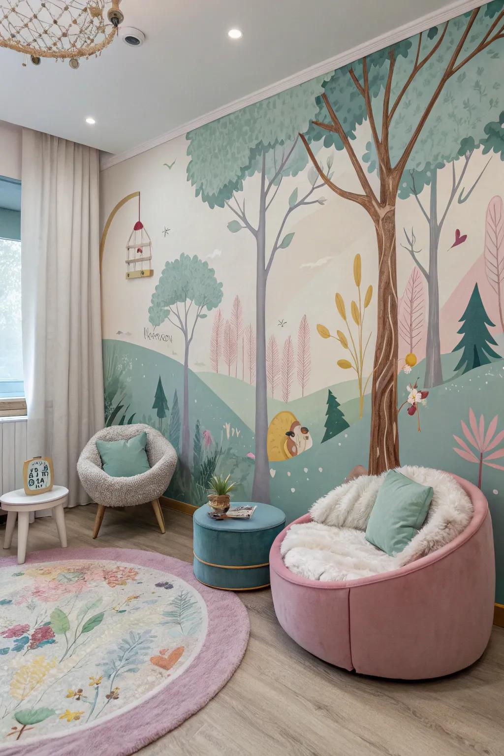 A youngster's space features a dream-like woods mural.