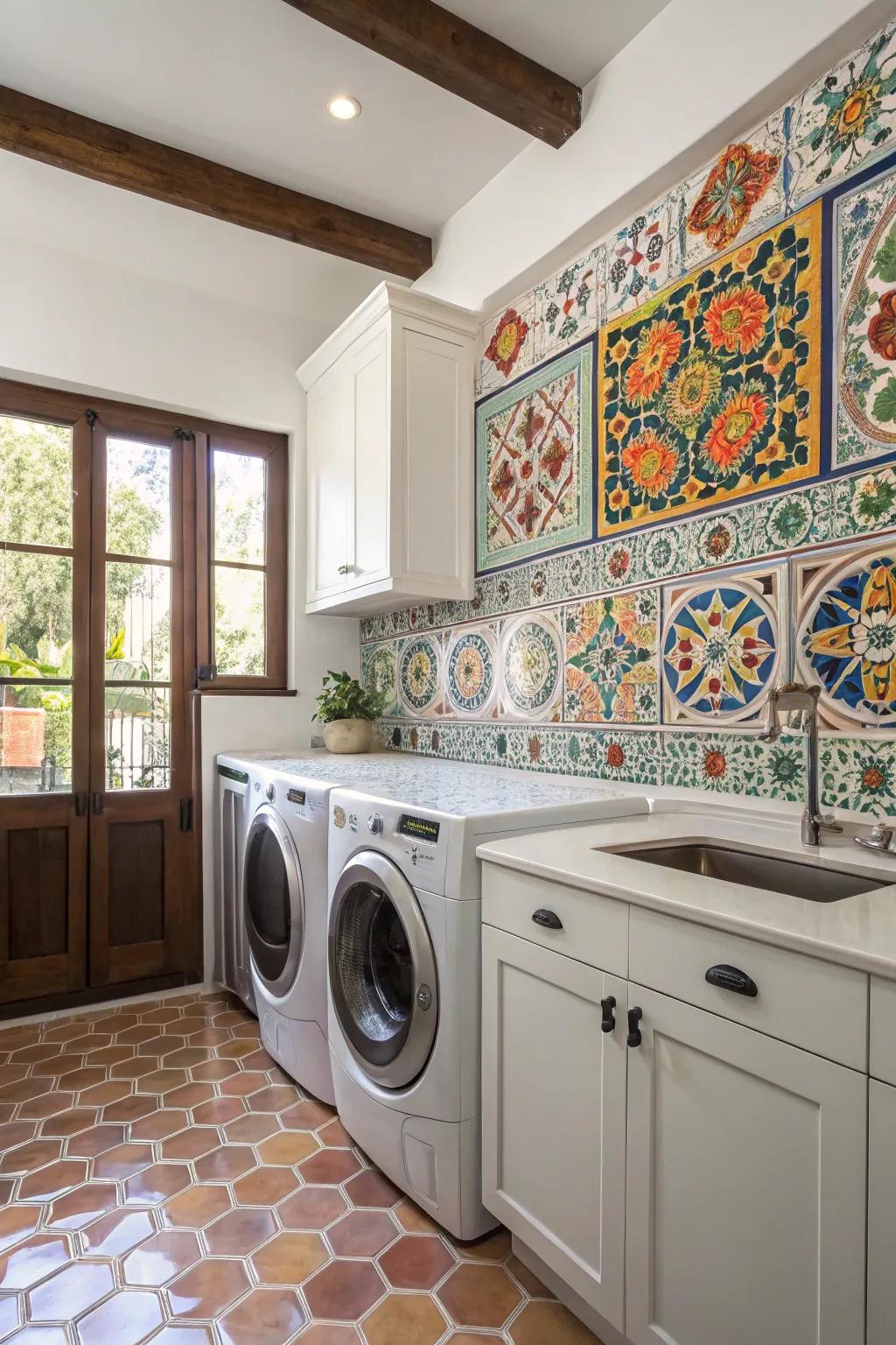Add joy to your laundry routine with an Andalusian mosaic backsplash.