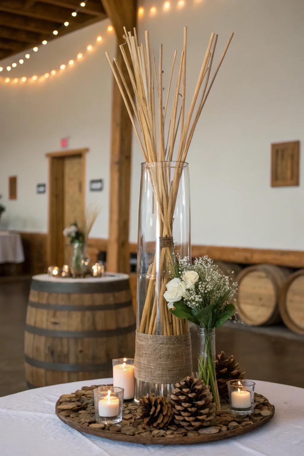 A rustic tall glass vase through wooden features, enhancing a snug cabin-reminiscent aesthetic environment.