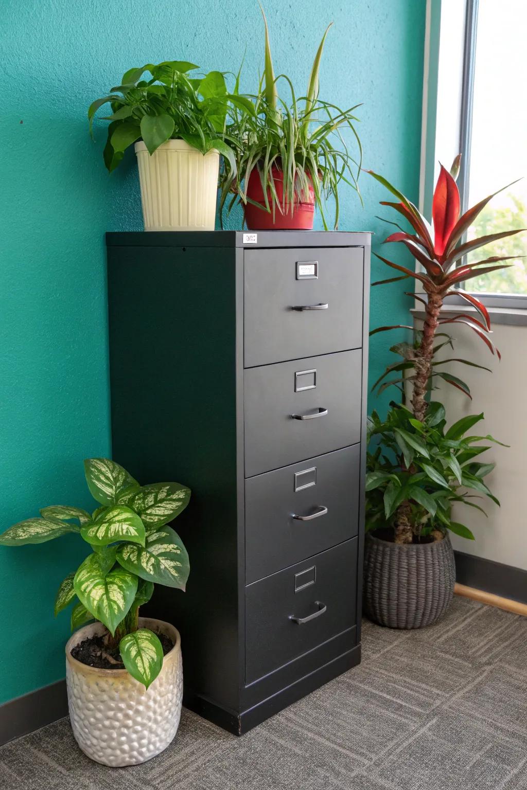 Bring a touch of nature to your workspace: revamp your filing cabinet with lush greenery.