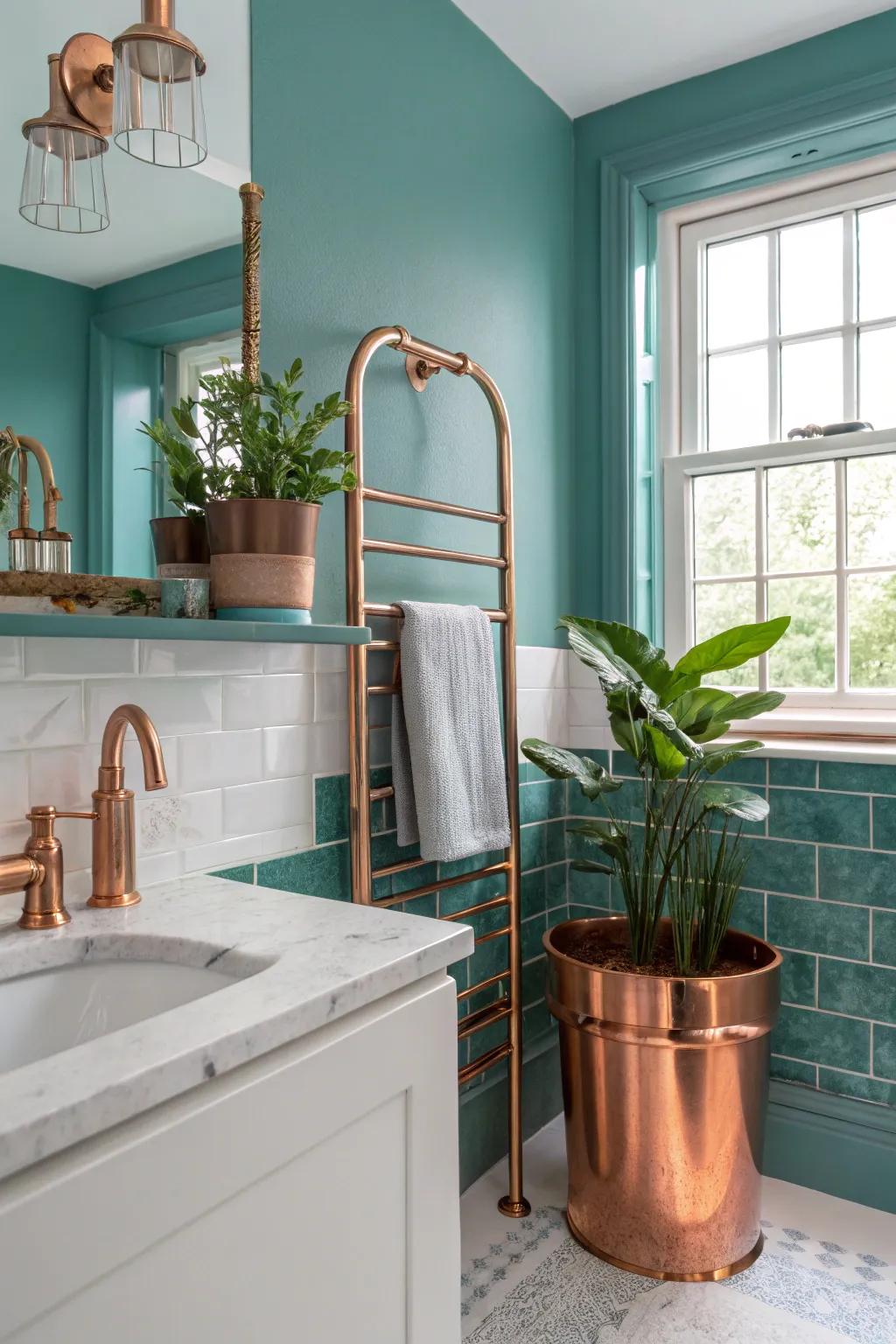 Accomplish rustic harmony through teal and bronze.
