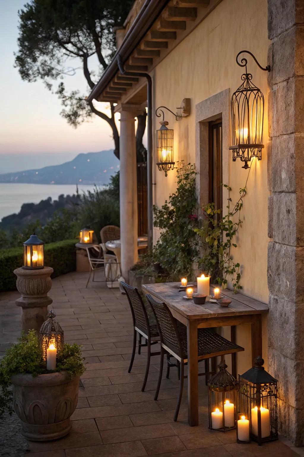 Candle sconces fill terraces with romantic charm.
