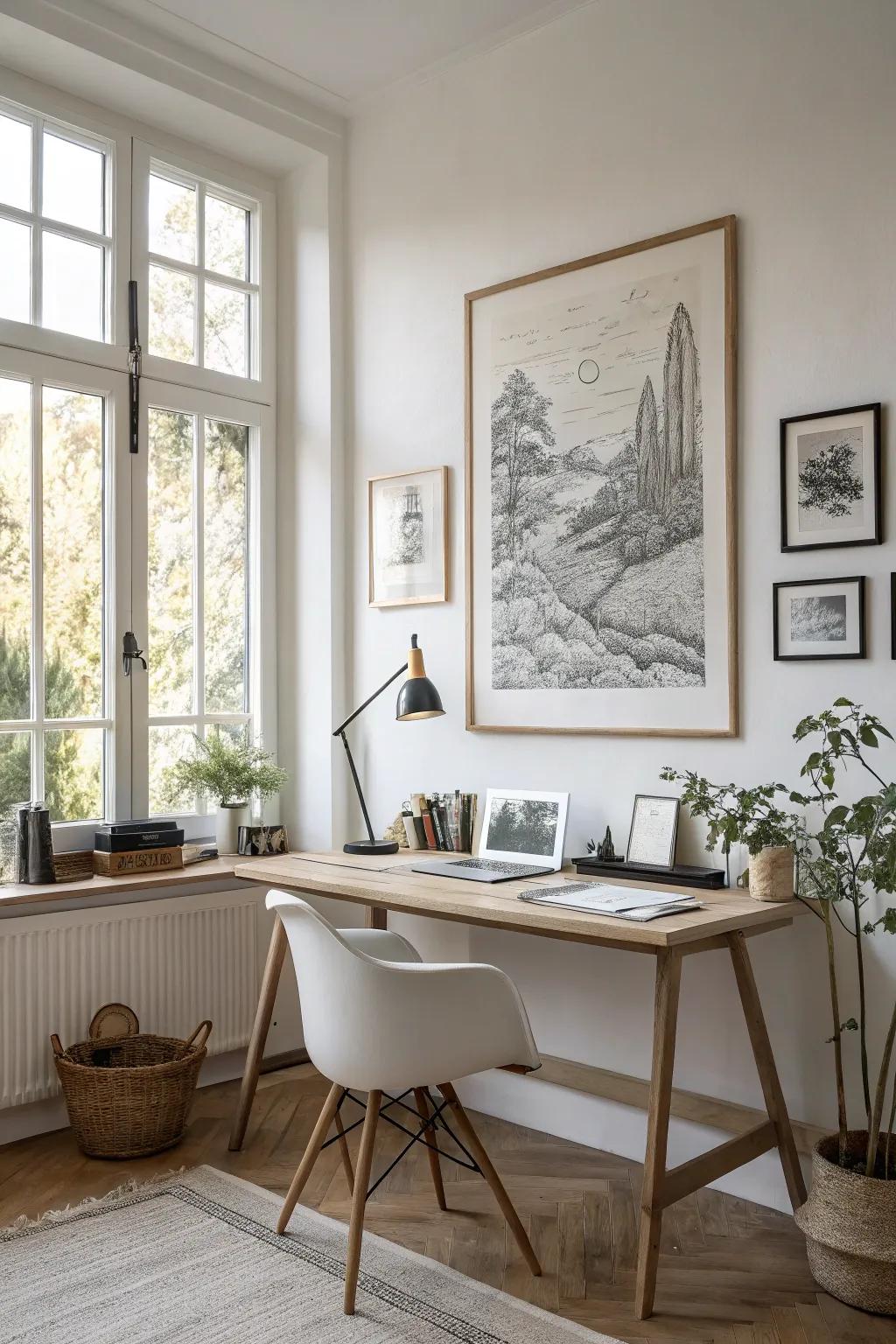 A pen and ink drawing gives a touch of sophistication and detail to this simplistic office setting.