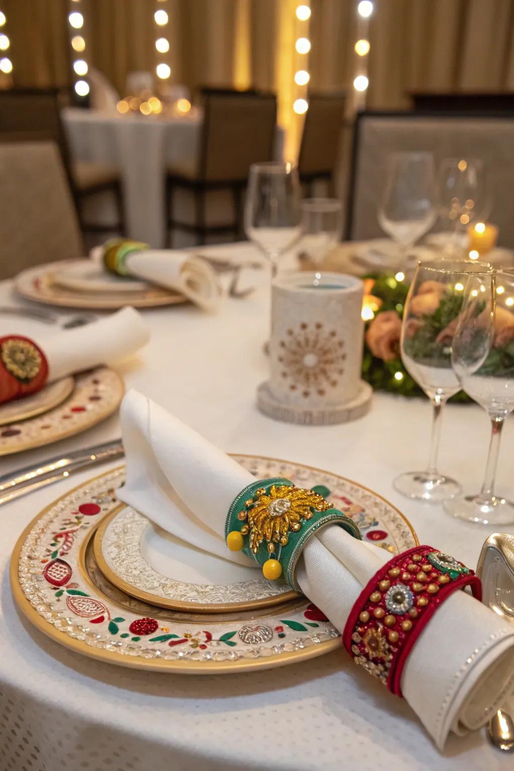 Festive napkin adornments give a joyful touch.