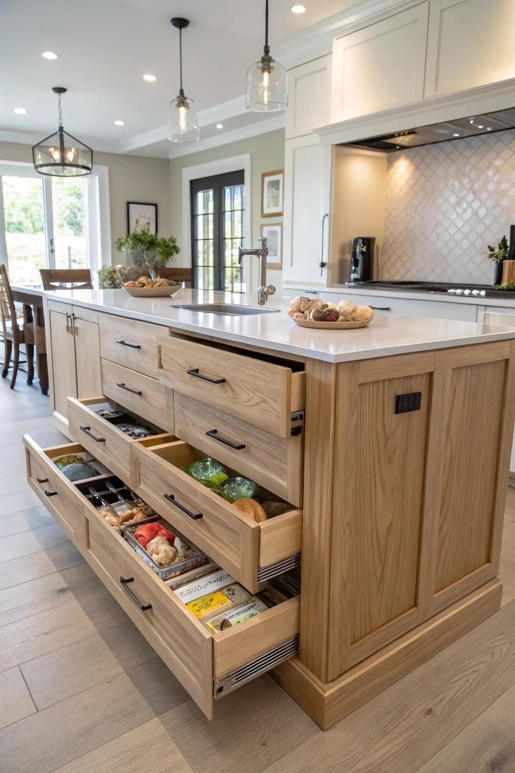 A fashionable kitchen island with lots of storage.