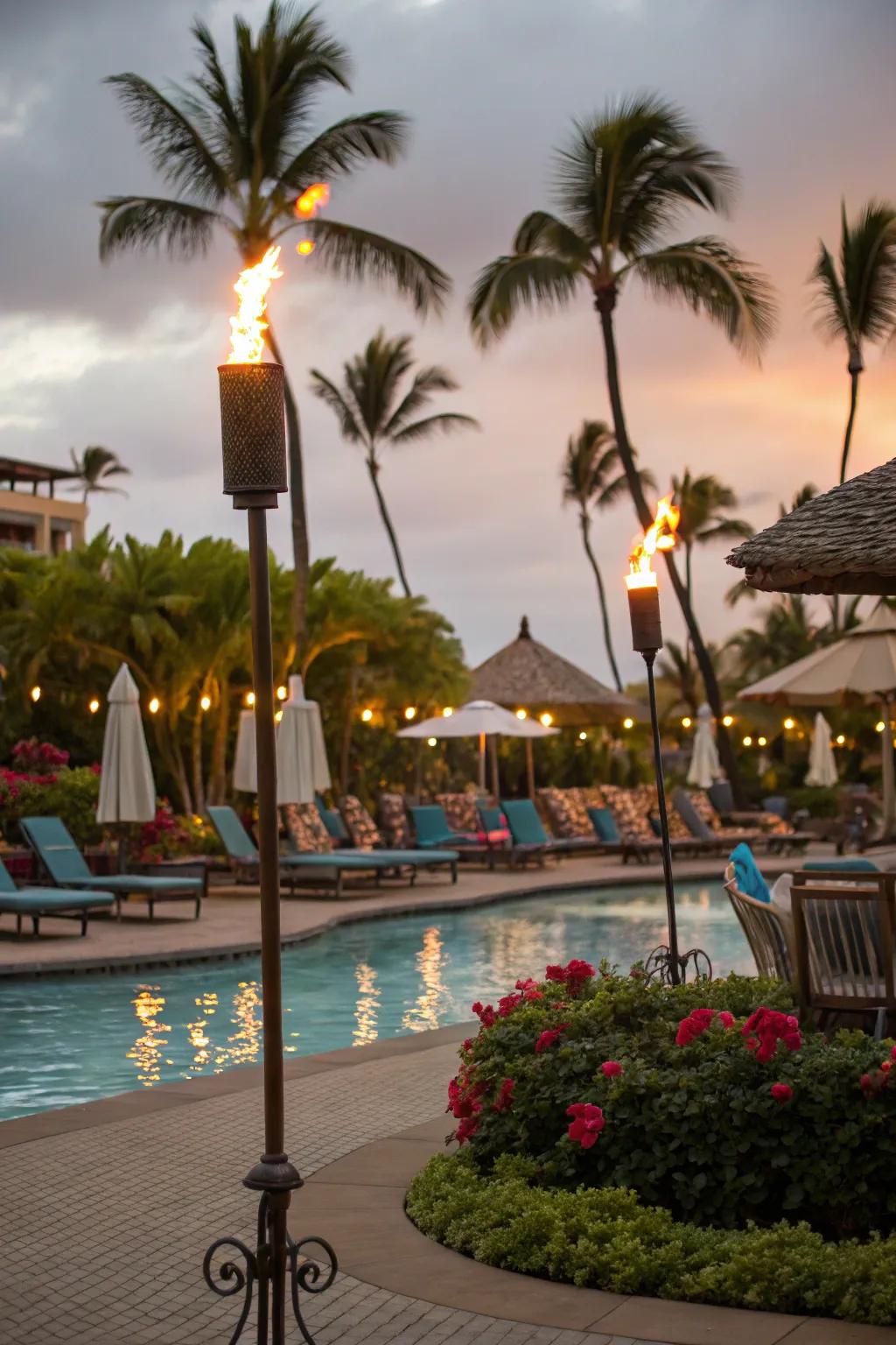 Transform your poolside into a tropical retreat with flame posts.