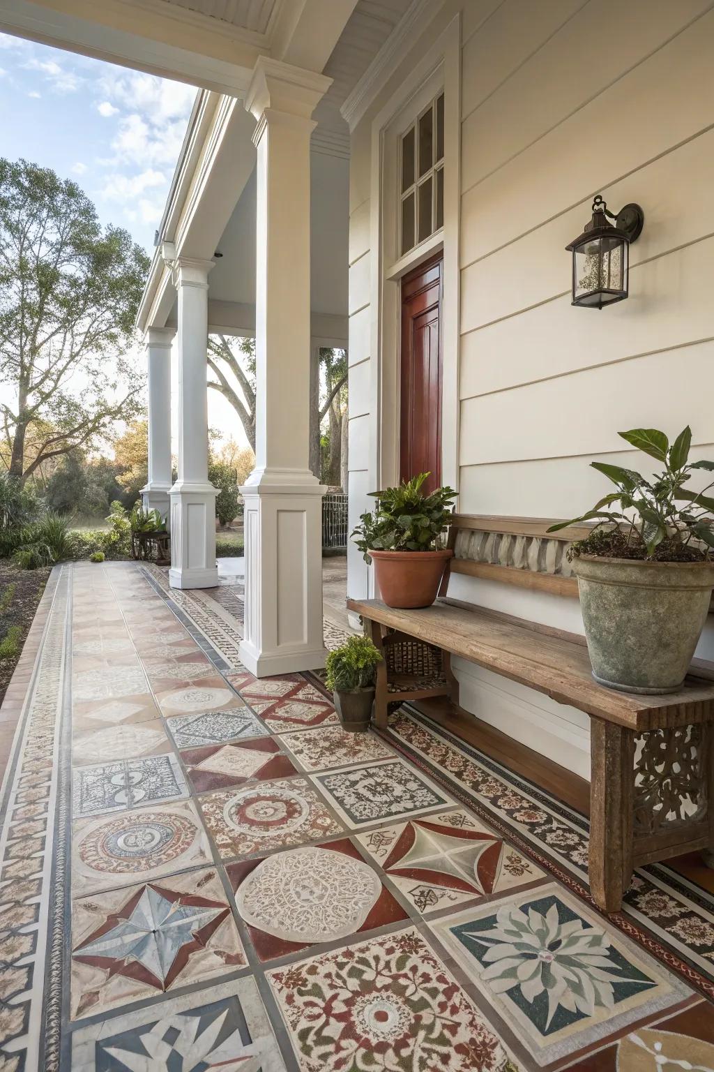 Accent tiles introduce a personalized element to this welcoming porch.