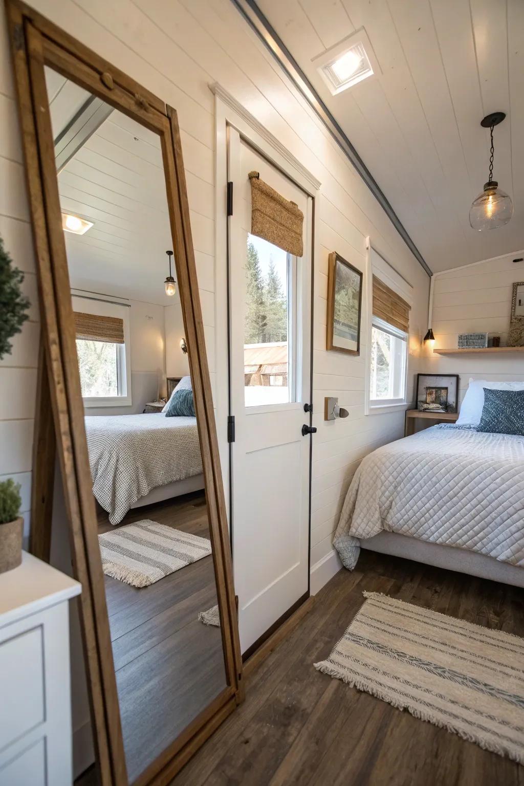 Mirrors smartly used to make the small bedroom feel bigger.