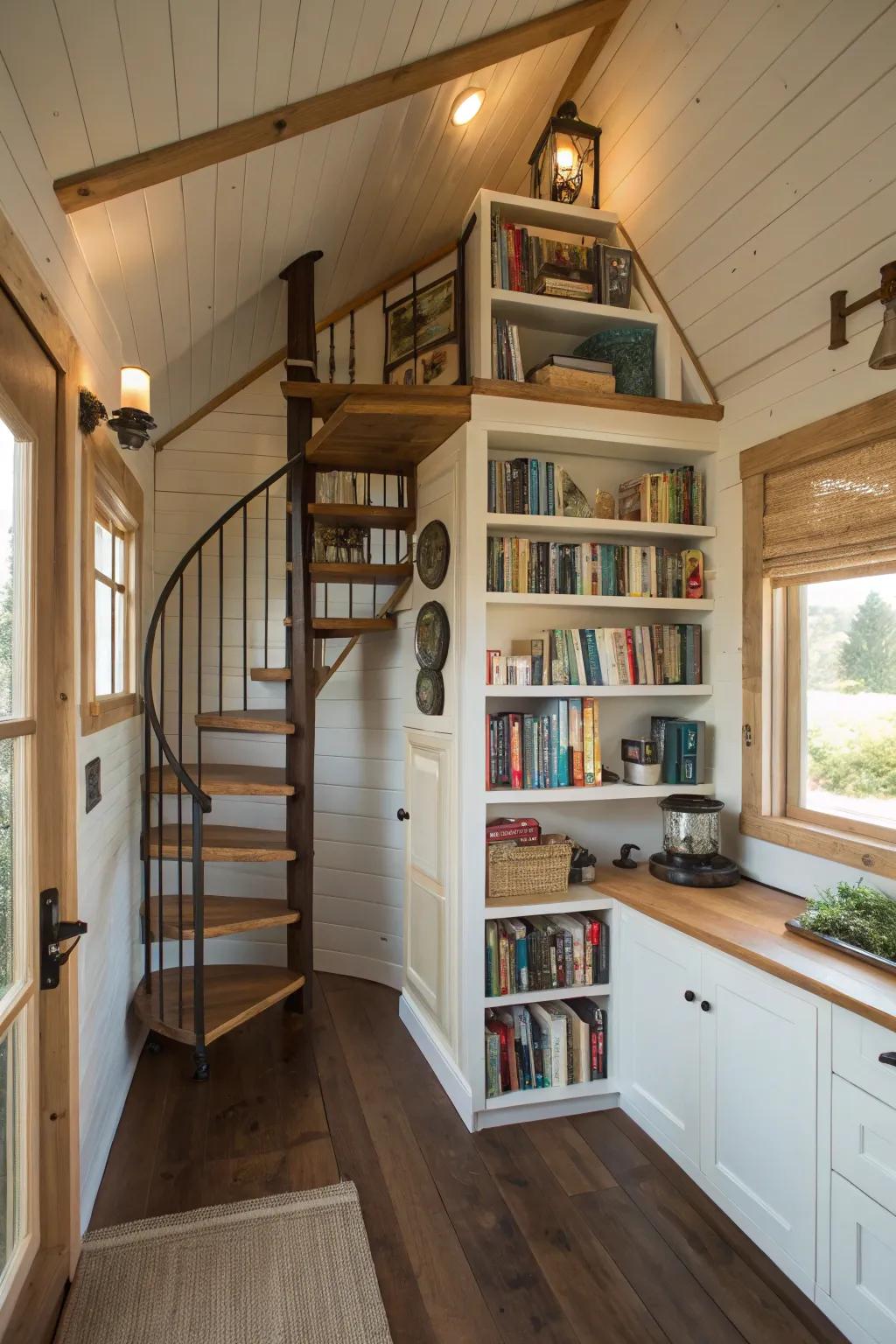 Spiral staircase with built-in storage in a tiny home