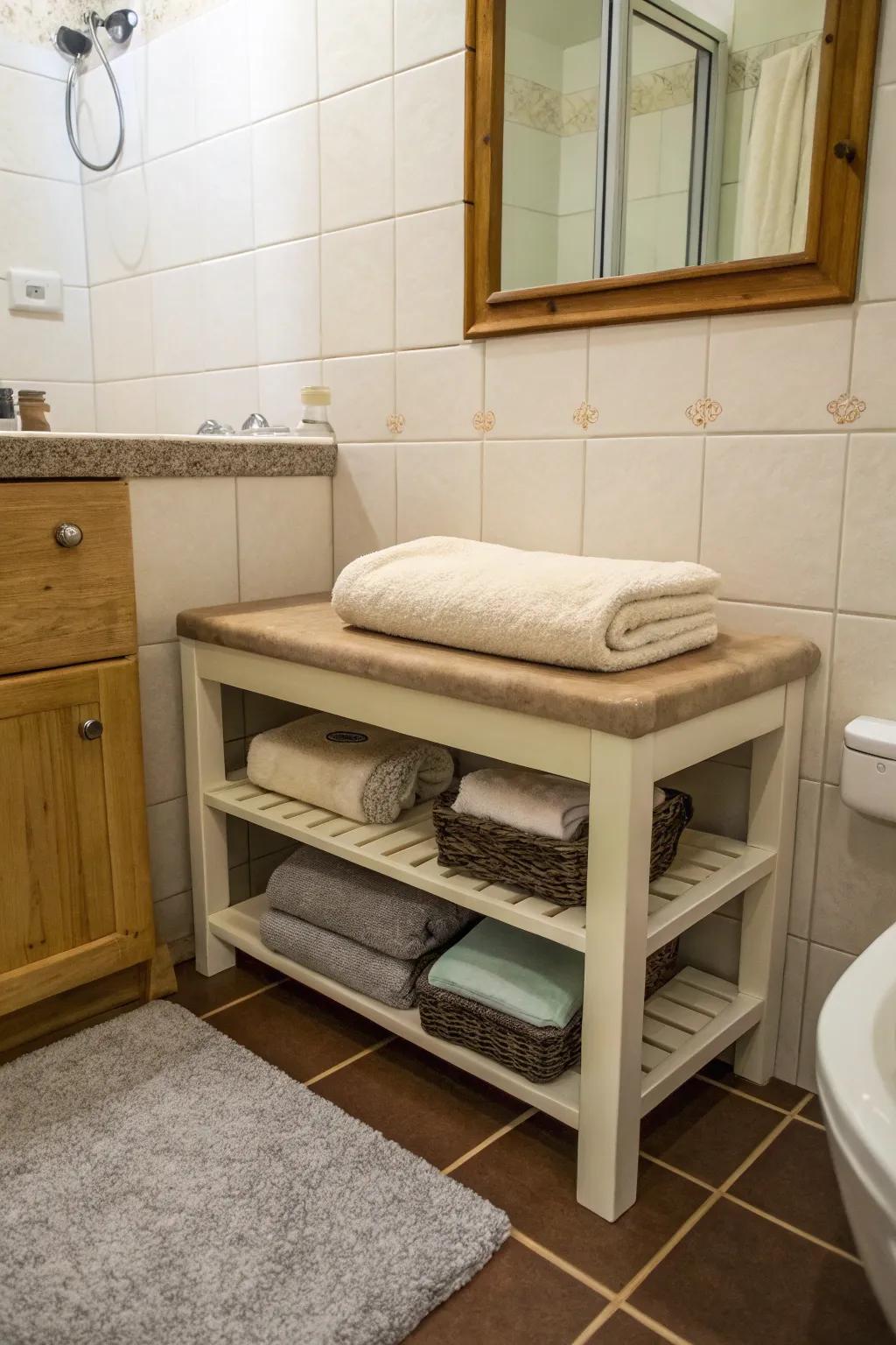 Compact furniture offers dual-purpose storage solutions in compact bathrooms.