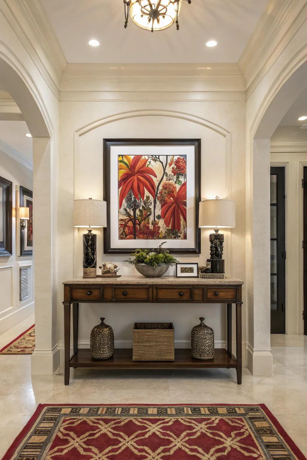 Artwork can become the captivating central point of your entrance.