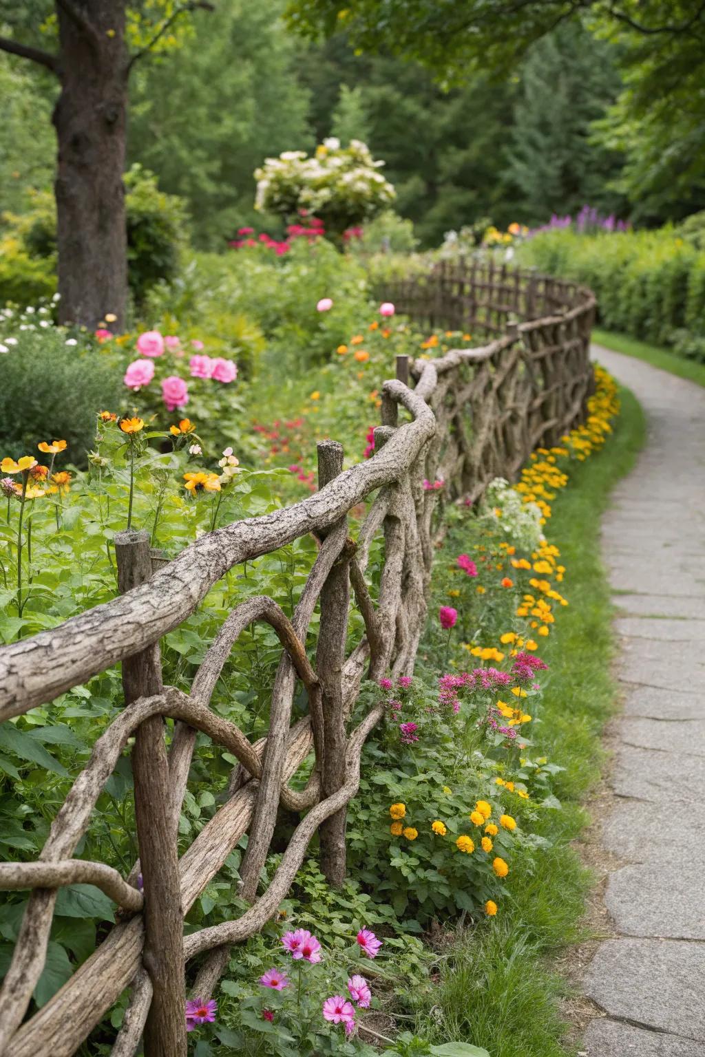 Braided branches create a whimsical garden fence.