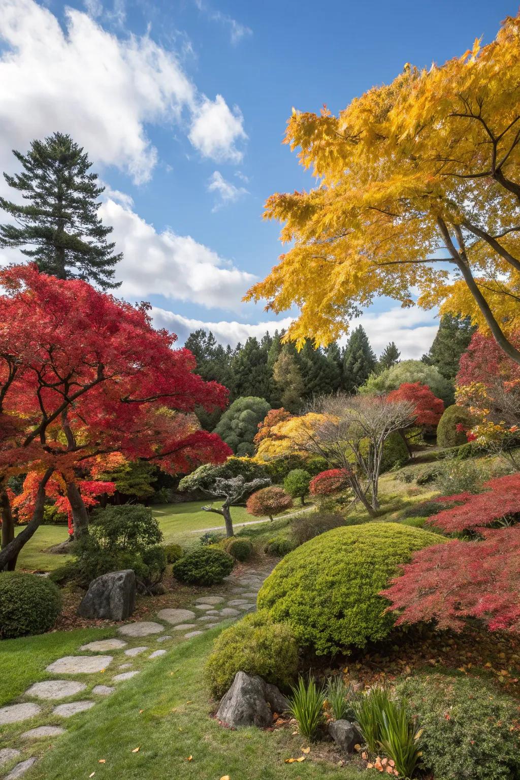 Enjoy a kaleidoscope of colors using trees selected for seasonal appeal.