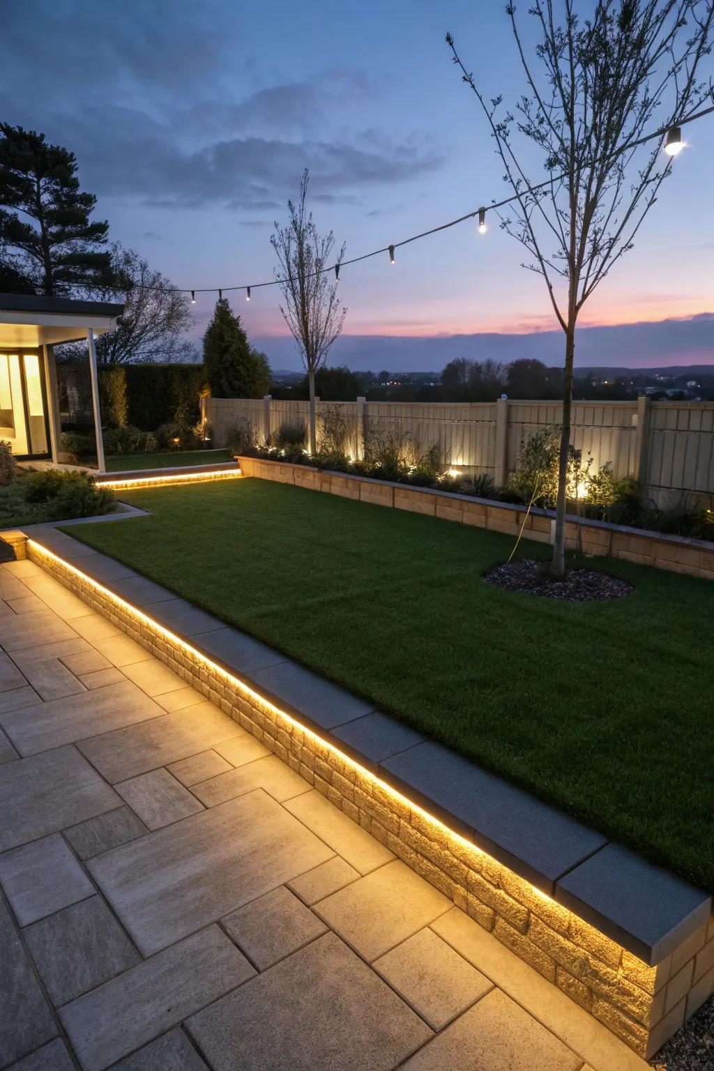 A lawn patio illuminated with LED lighting.