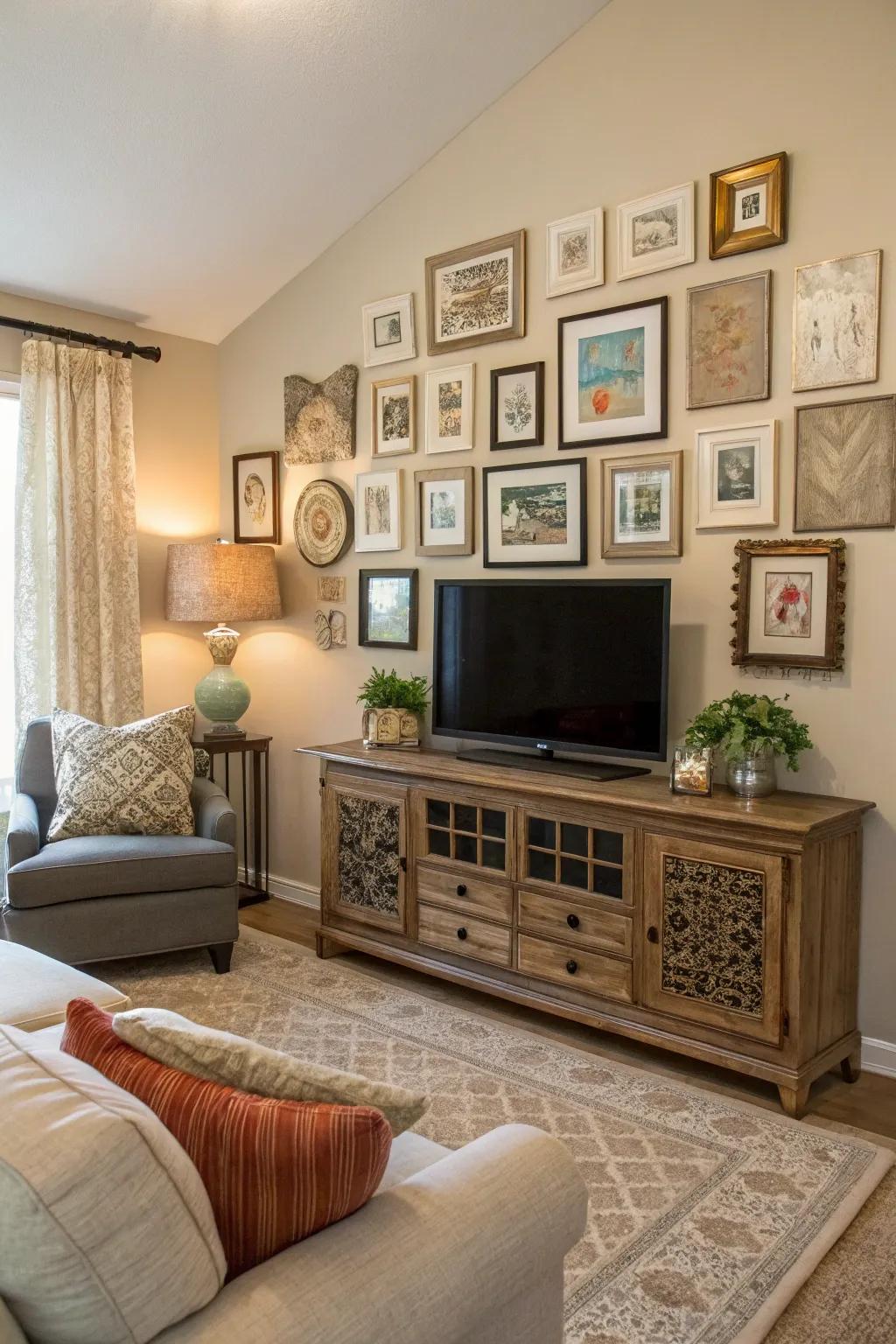 Tactile qualities imbue profundity inside this appealing TV gallery wall display.