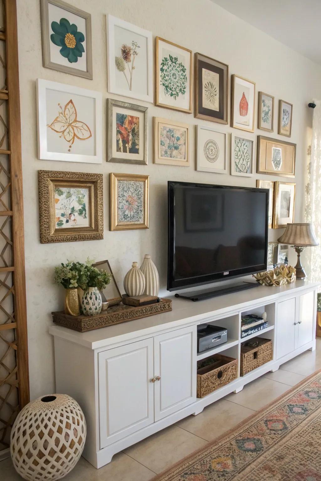Artwork enriches this TV wall with a personal hallmark.
