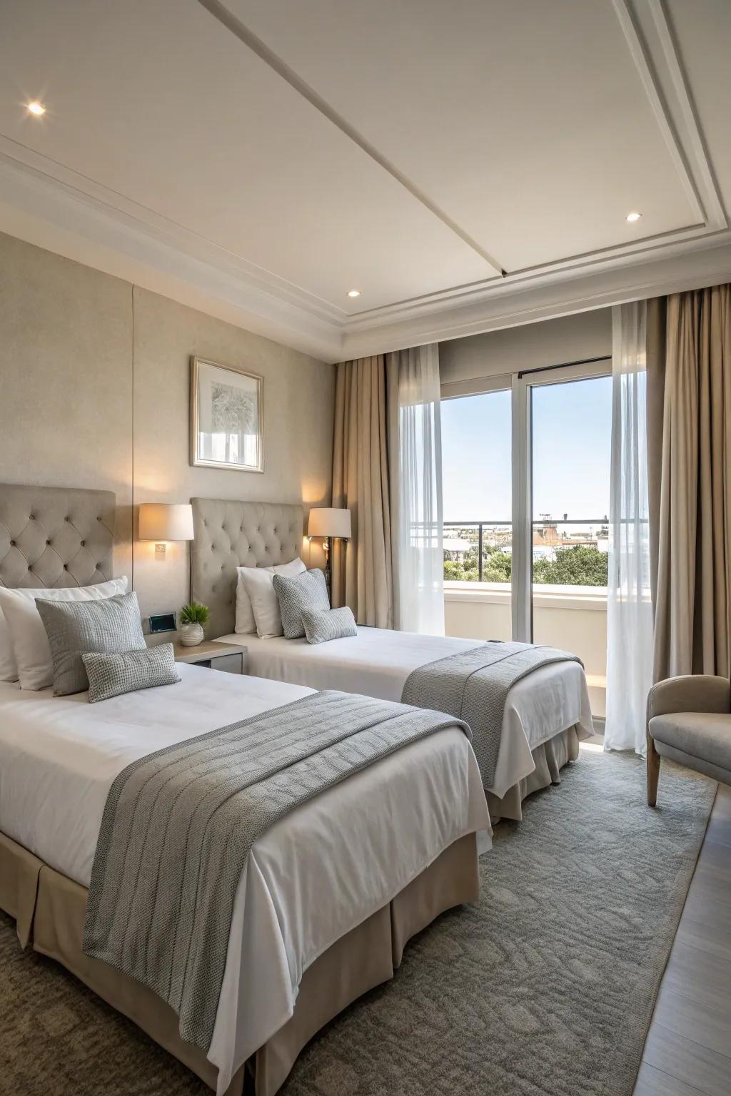 Understated tones introduce calmness and versatility to twin bed setups.