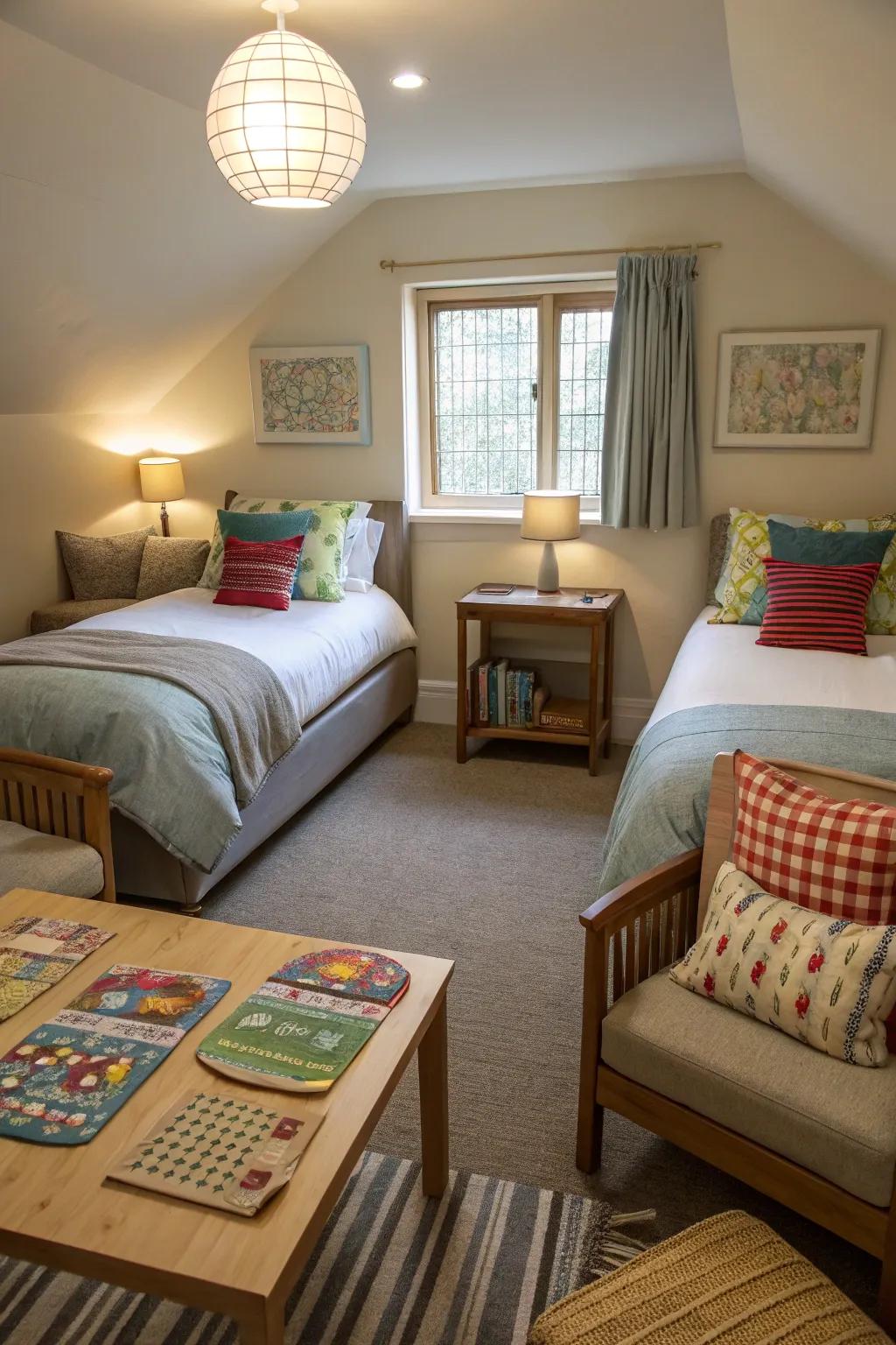 Interaction is enhanced in the shared room by a communal seating area.