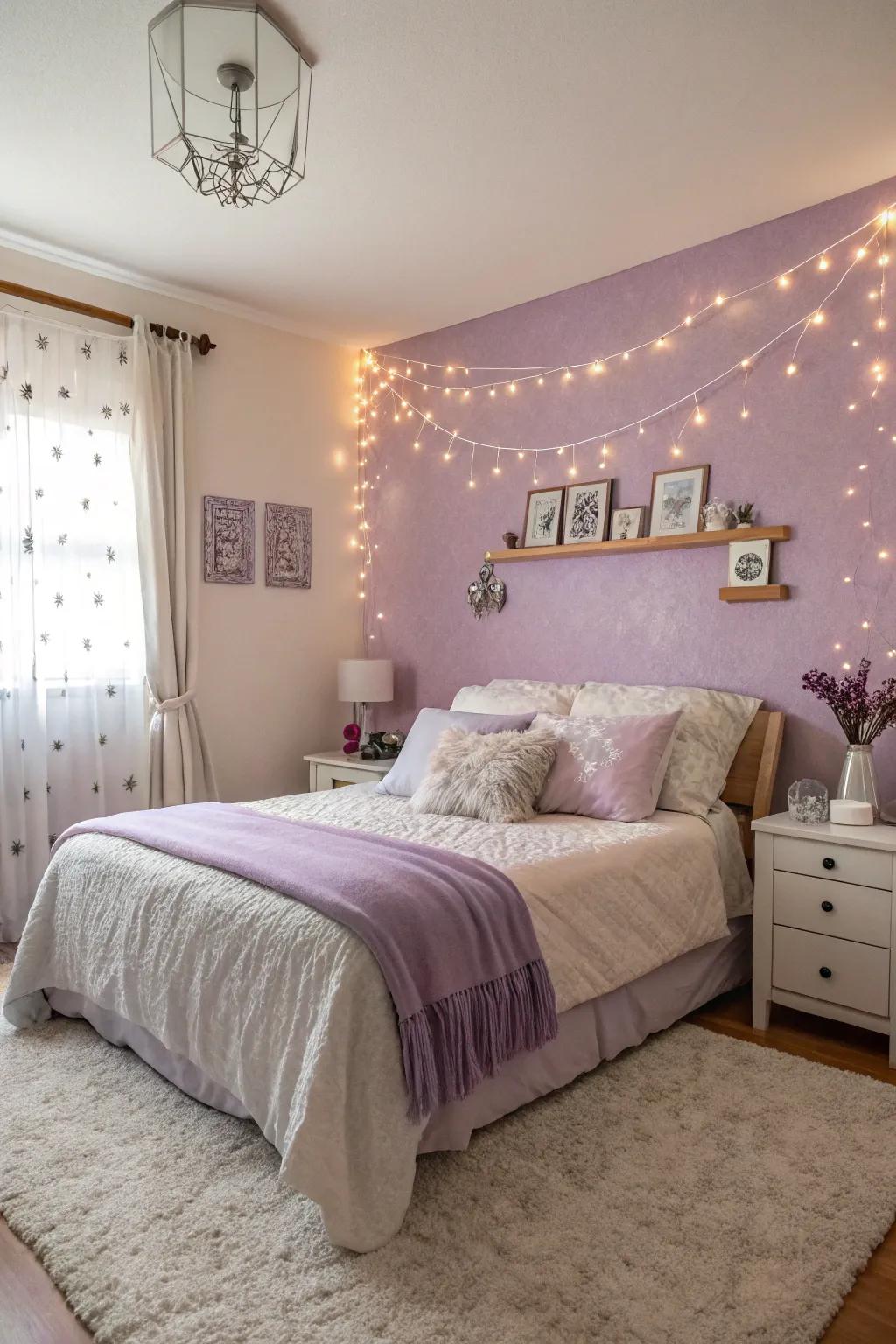 A dreamy bedroom featuring lilac and off-white walls, creating a peaceful retreat.