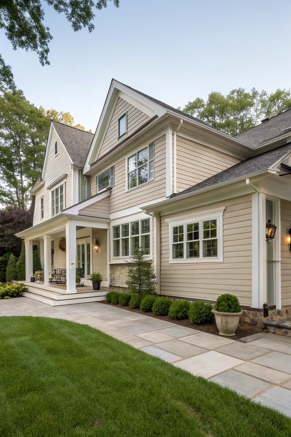 The elegance and serenity of taupe and white siding.
