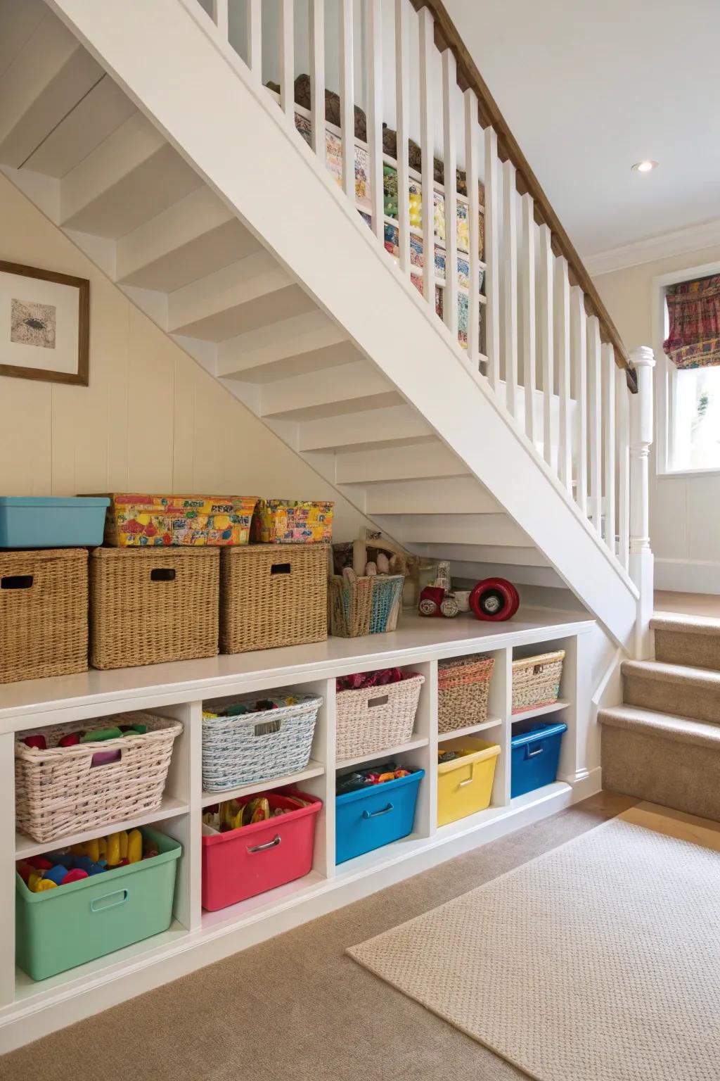 An orderly toy storage design beneath the staircase to minimize clutter.