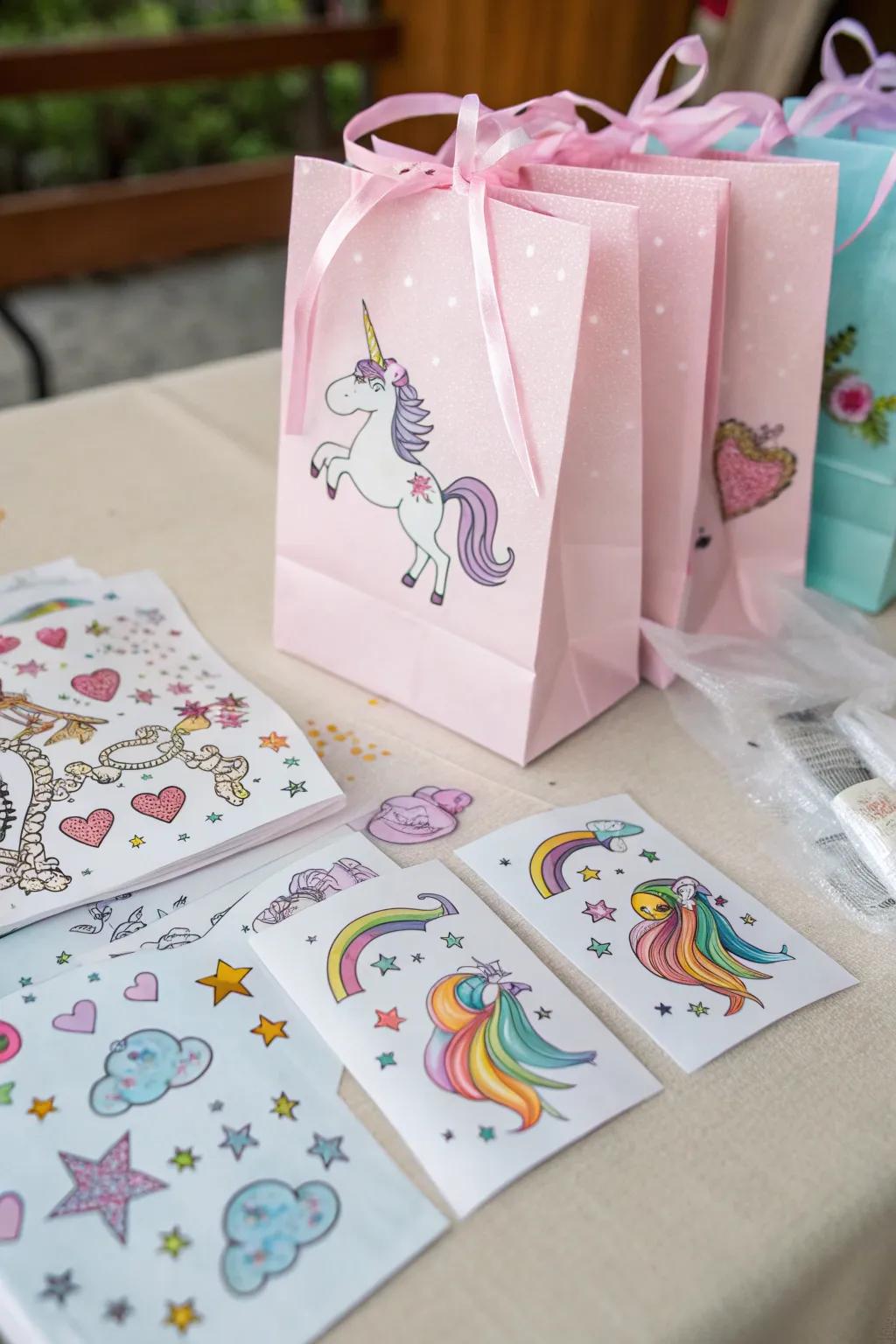 Unicorn treat sacks with lively brief tattoos.