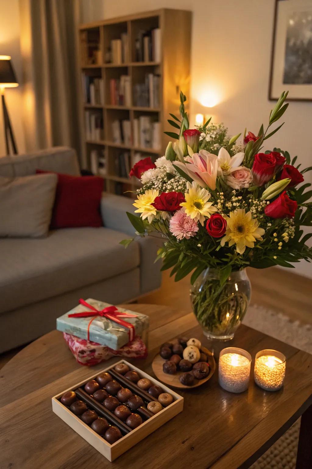 Floral arrangement with chocolates and gifts.