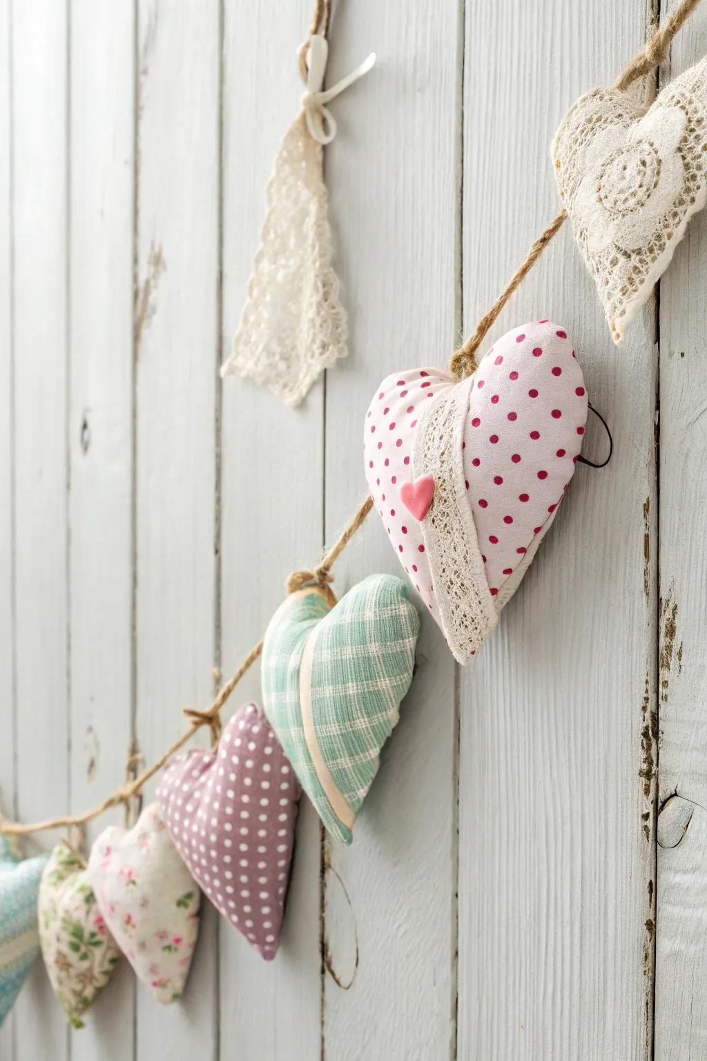 Cultivate a cozy Valentine's ambiance with a hand-assembled fabric heart garland, uniting minimalist grace with bohemian aesthetics.