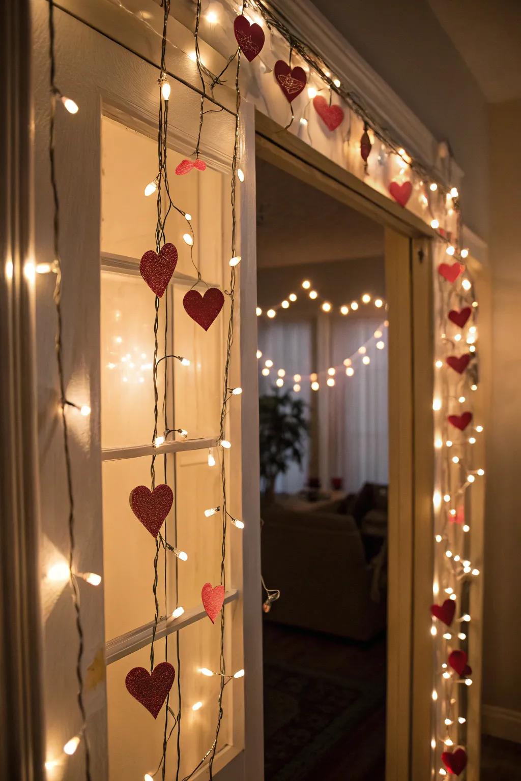 A warm and welcoming Valentine's Day ambiance is created by string lights.