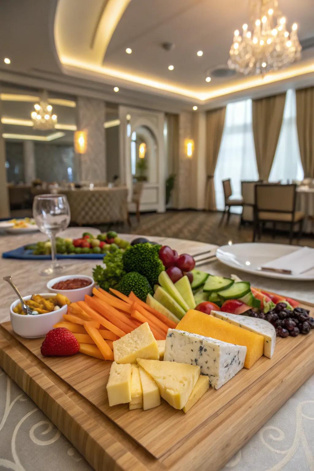 A platter paired with assorted cheeses.