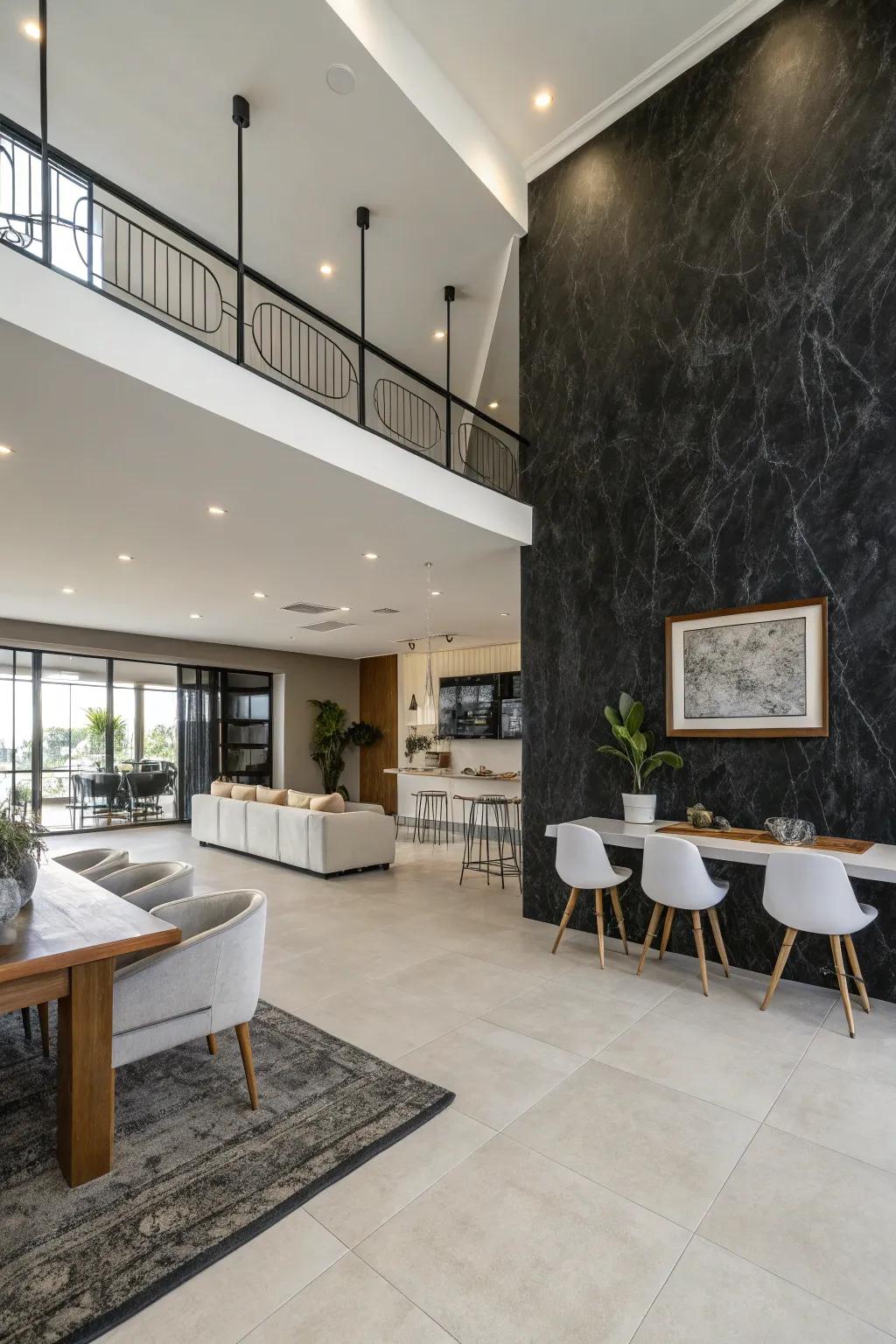 With a black Venetian plaster wall, add sophistication to open areas.