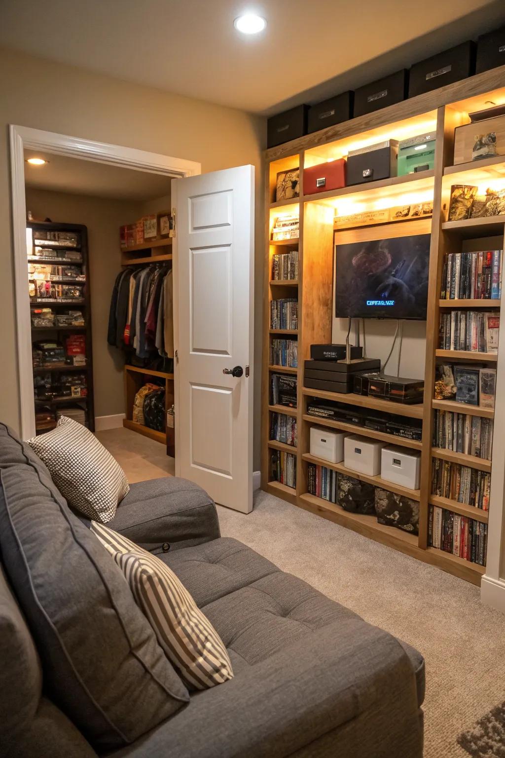 A hidden gaming alcove fashioned from a petite wardrobe space.