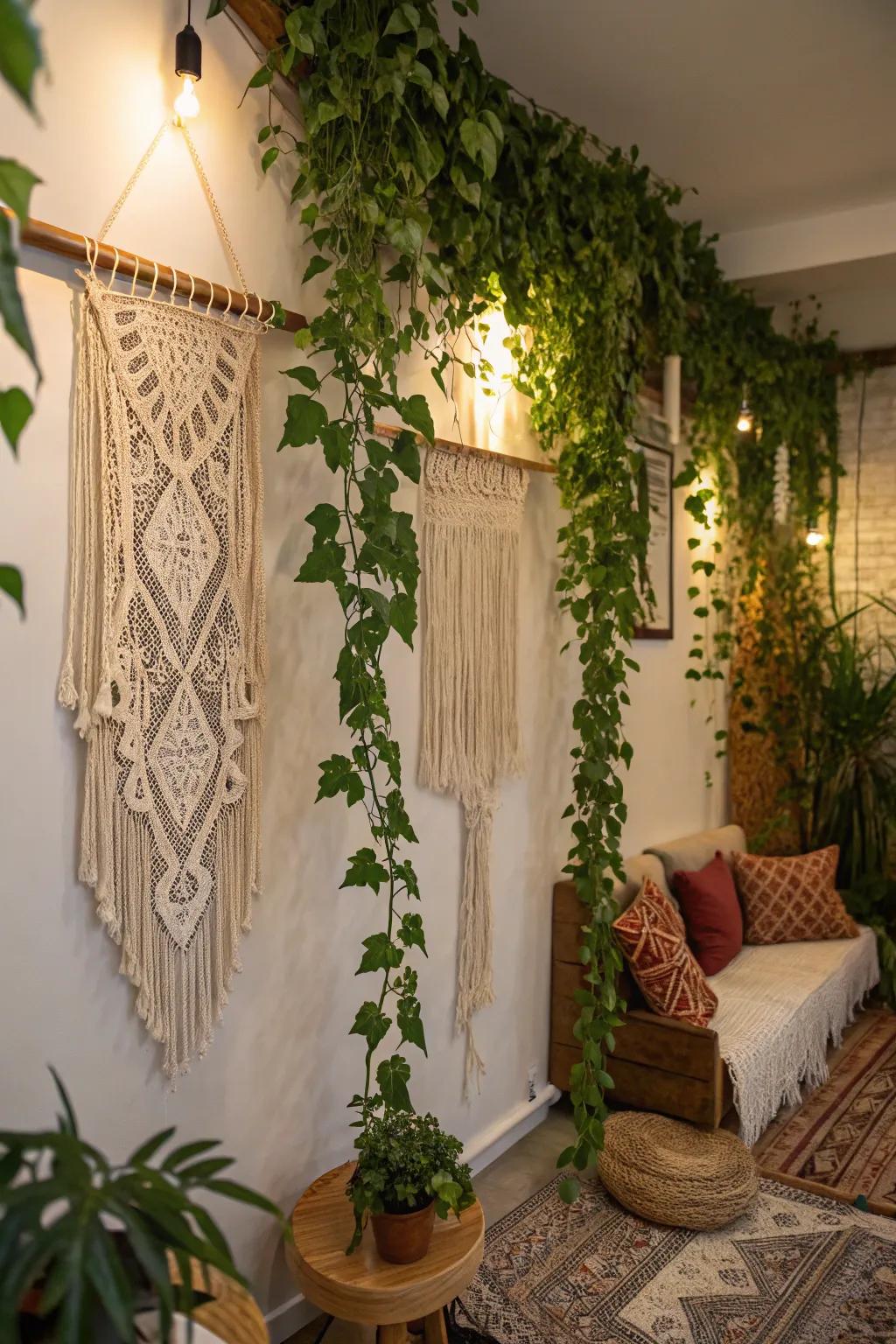 Add depth using vines and surface elements like macrame.
