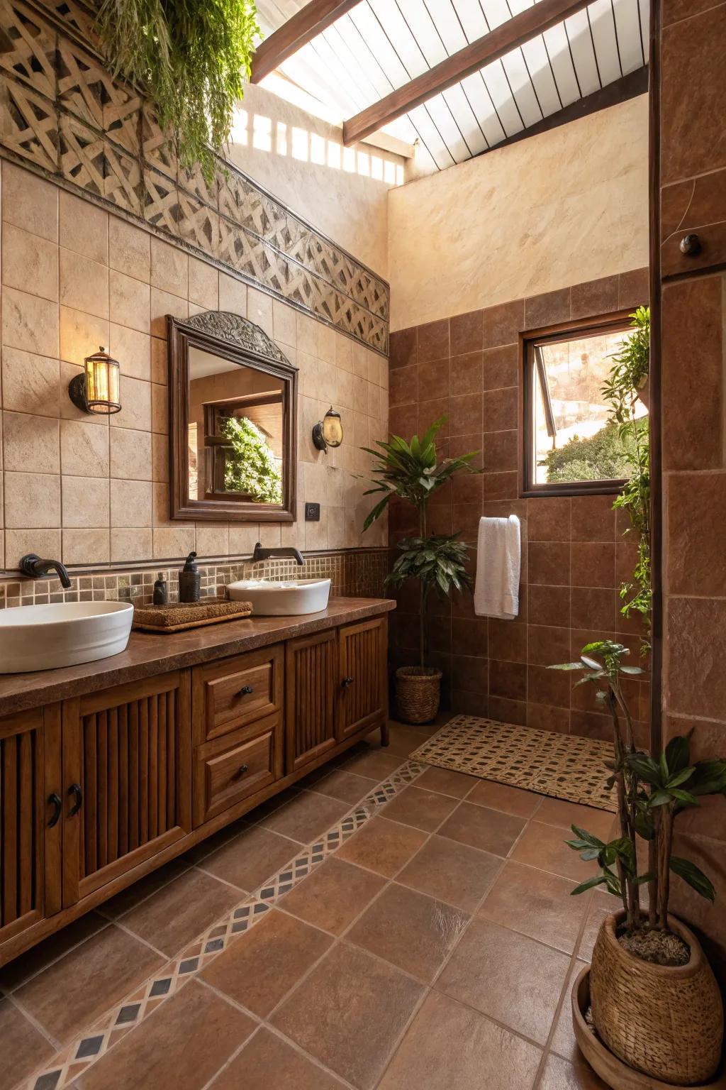 Terrestrial shades establish a grounded and harmonious appearance alongside brown tiles.