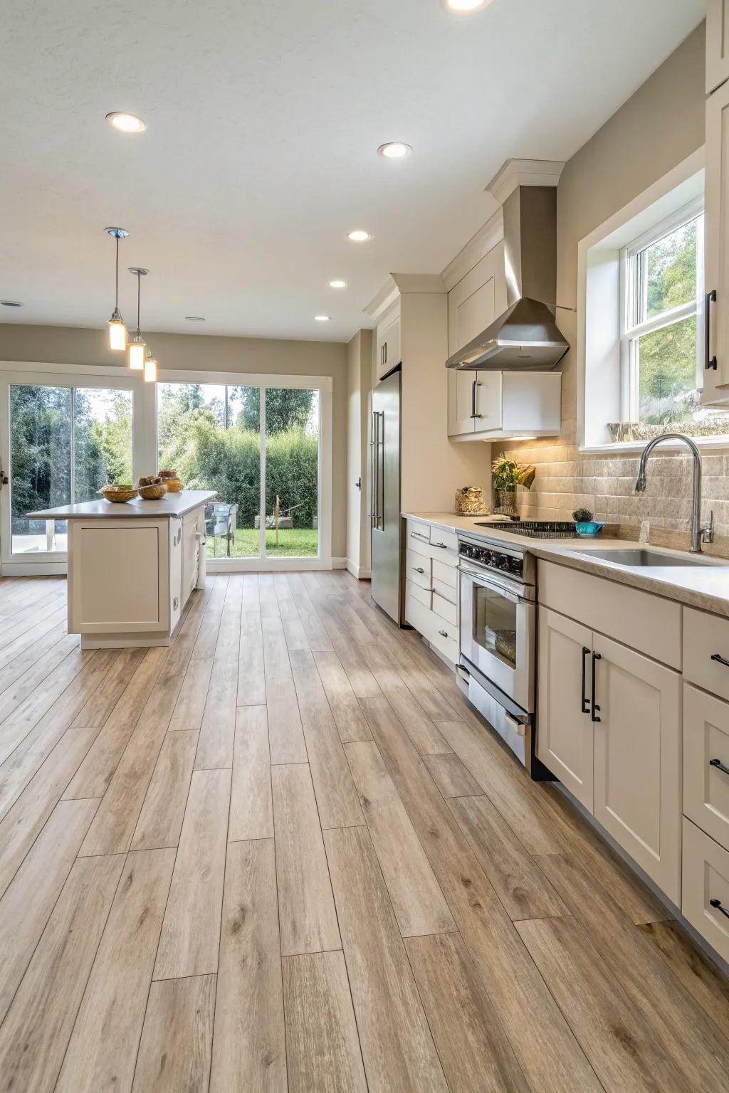 With wood-look vinyl flooring, you can brighten up your kitchen.