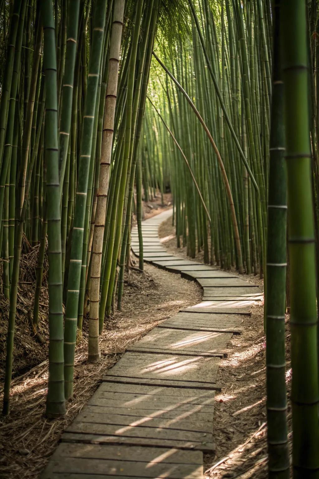 A bamboo pathway labyrinth imparts an exotic flair to your garden.