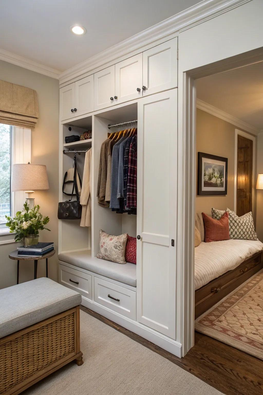 A seating nook inside a wall closet enriches comfort and convenience.