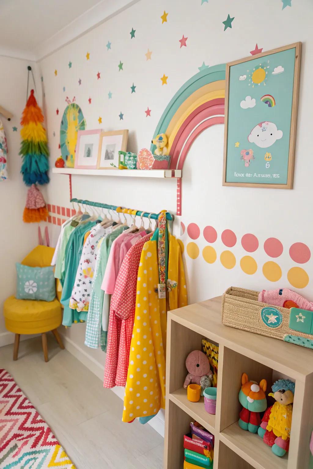 A children's room featuring a vibrant wall-mounted clothing rack.