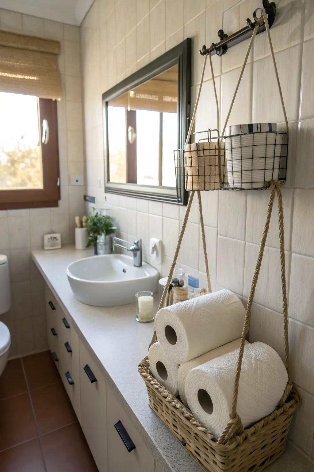 Be inventive with hanging toilet paper storage.