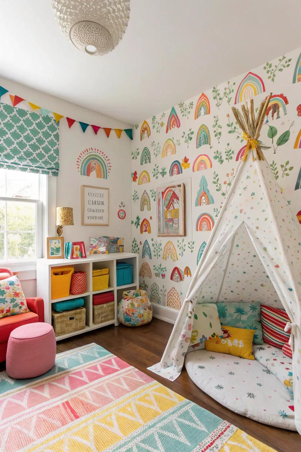 Mixed-pattern wallpaper creates a fun and eclectic children's room.
